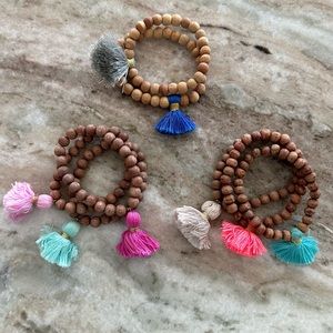Set of 8 Wood Beaded Beach Boho Colorful Tassel Bracelets